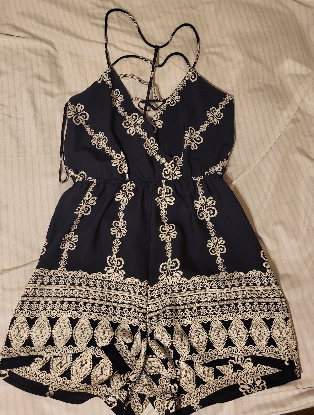 a'gaci Navy Blue Romper with Cream Embroidery and Strappy Back